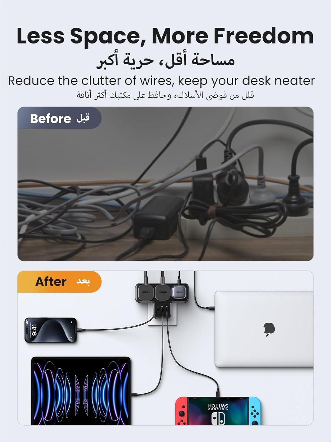 Power Strip Surge Protector Extension Plug Multiple 3 AC Outlet Sockets, Type C Fast 6-in-1