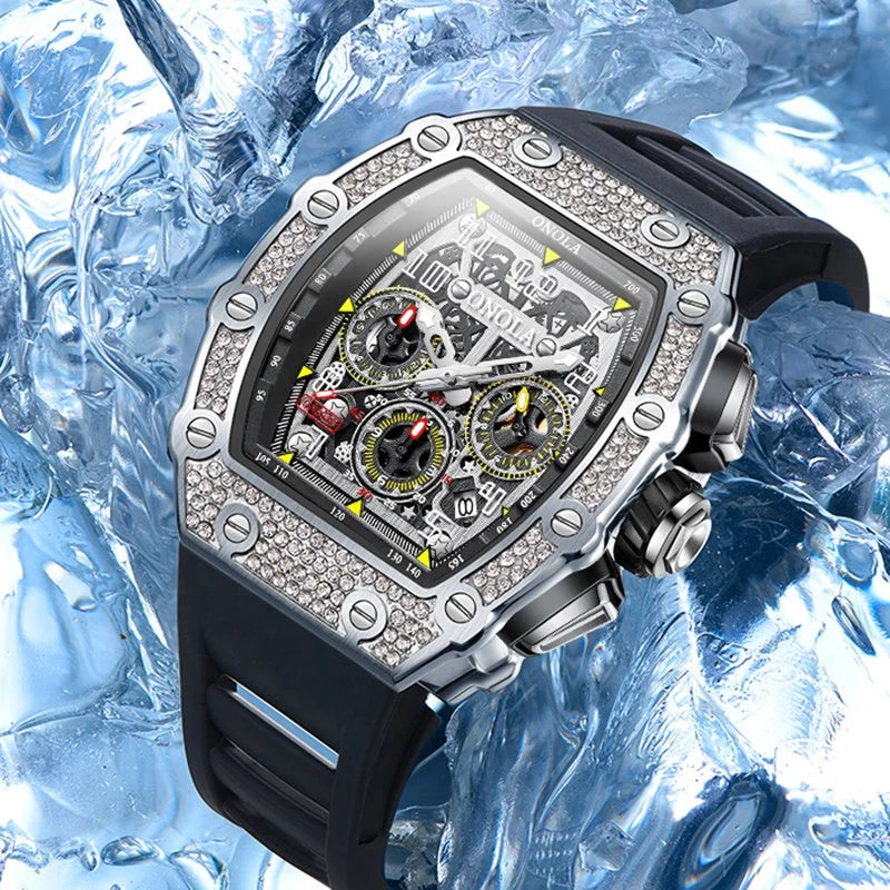 Onola 6826D Hip Hop Iced Out Diamond Watches Men Wrist Chronograph Automatic Skeleton Mechanical Wristwatch