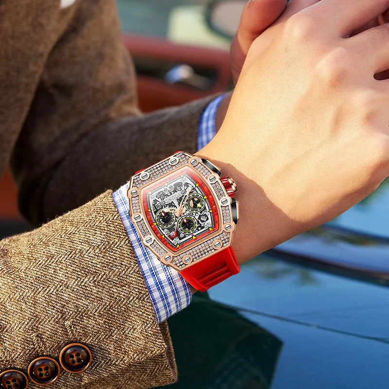 Onola 6826D Hip Hop Iced Out Diamond Watches Men Wrist Chronograph Automatic Skeleton Mechanical Wristwatch