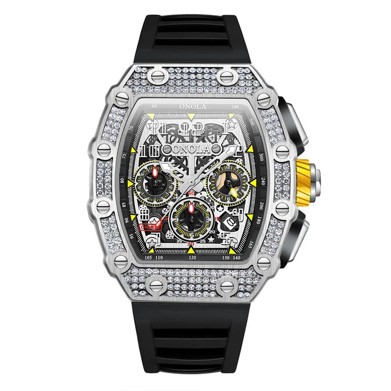 Onola 6826D Hip Hop Iced Out Diamond Watches Men Wrist Chronograph Automatic Skeleton Mechanical Wristwatch