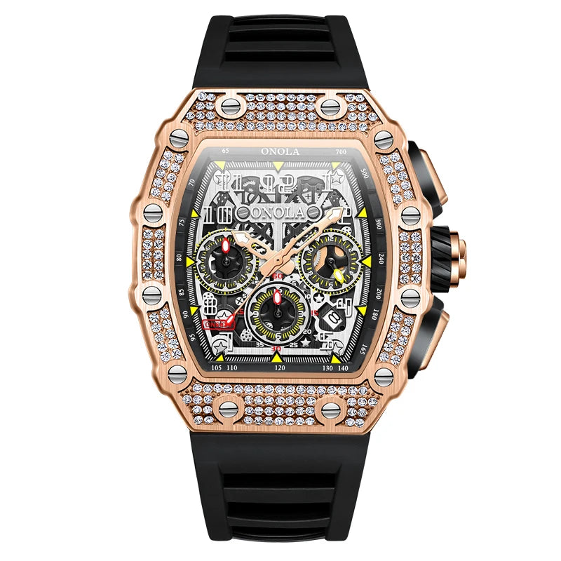 Onola 6826D Hip Hop Iced Out Diamond Watches Men Wrist Chronograph Automatic Skeleton Mechanical Wristwatch