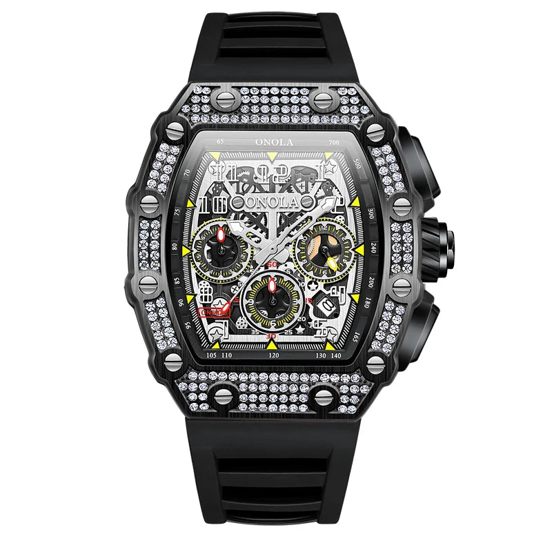 Onola 6826D Hip Hop Iced Out Diamond Watches Men Wrist Chronograph Automatic Skeleton Mechanical Wristwatch