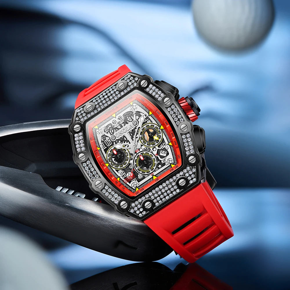 Onola 6826D Hip Hop Iced Out Diamond Watches Men Wrist Chronograph Automatic Skeleton Mechanical Wristwatch