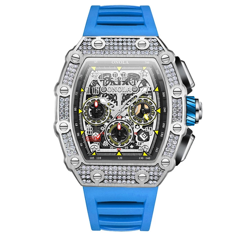 Onola 6826D Hip Hop Iced Out Diamond Watches Men Wrist Chronograph Automatic Skeleton Mechanical Wristwatch